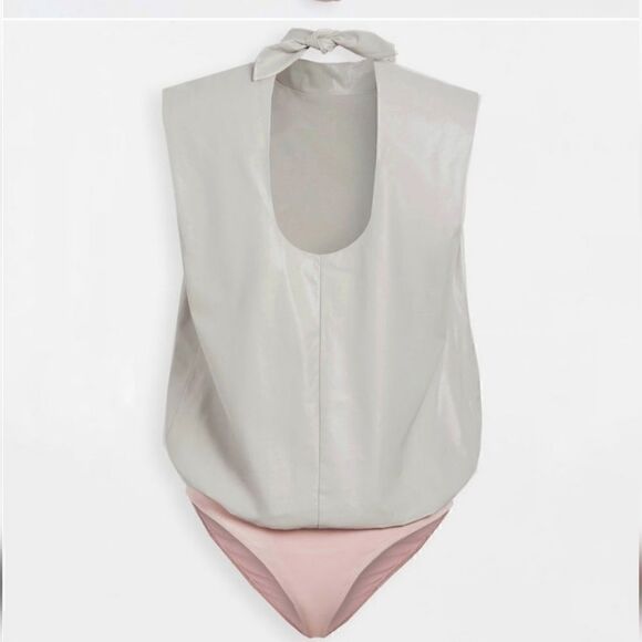 Amanda Uprichard Sleeveless Fabienne Faux Leather Bodysuit Dove Size M - Picture 15 of 16